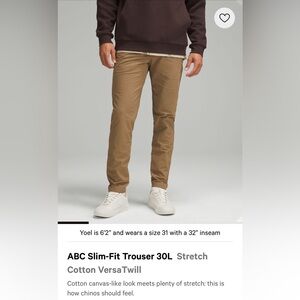 Lululemon Mens ABC Slim Fit Trousers 38Wx30L Cotton VersaTwill Artifact Khaki